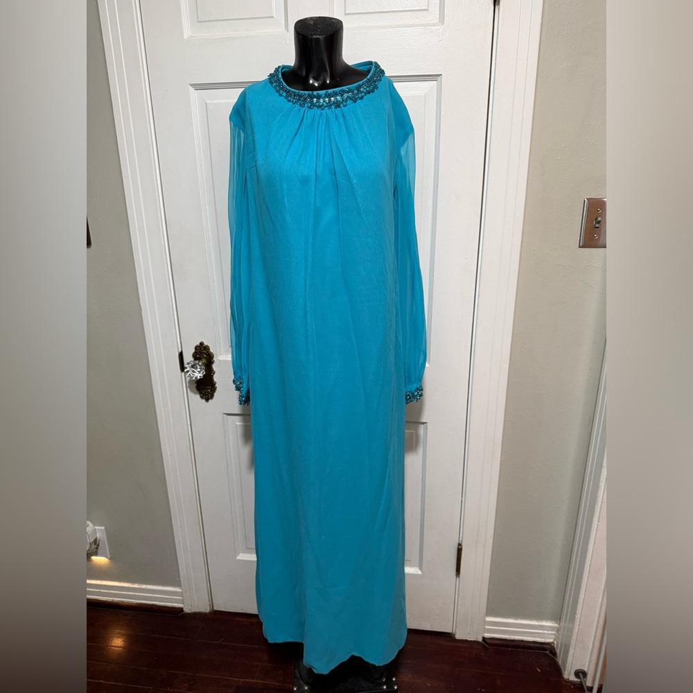 Vintage Long Sleeve Blue Handmade Beaded Long Dress 1980s 1990s
